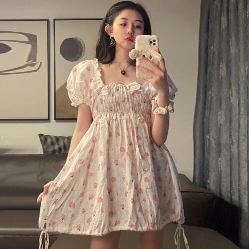 Off The Shoulder Kawaii Women Dress Spring Summer Sexy Floral Printed One Piece Lace Up Ladies Party Dresses Femme Vestidos 2021
