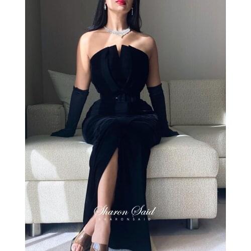 Vintage Black Velvet Arabic Evening Dress with Gloves Belt Long Mermaid Dubai Prom Dresses 2021 Elegant Women Formal Party Gowns