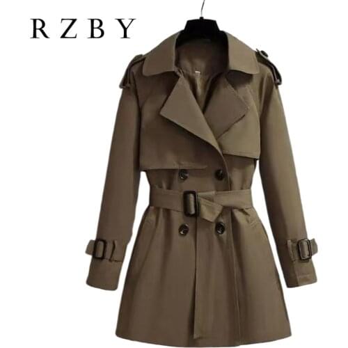 2021 Autumn Elegant Trench Women Solid Turn Down Collar Overcoat Double Breast Windbreaker Female Lace Up Coat Plus Size RZBY508