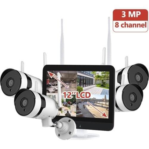 3MP Wireless Security Camera System with 12inch Monitor,8 Channel Video NVR with 4pcs Outdoor Indoor Home Surveillance IP Camera