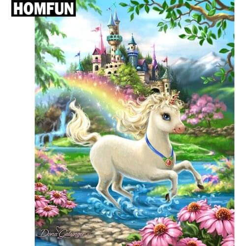 HOMFUN DIY Diamond Painting "Unicorn Castle" Full Drill Square Round Diamond Embroidery 5D Cross Stitch Decoration Home A06385