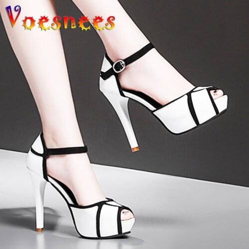 Black White Line Design Summer Women Sandals Hollow Buckle Mixed Colors Open Toe Womens Shoes Nightclub Thin Super High Heels