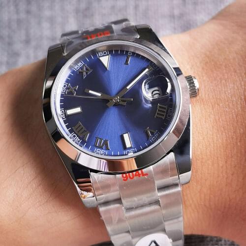 BLIGER 36mm Blue Nologo Roman Numbers Automatic Men Watch Oyster Brushed Strap 21 Jewels MIYOTA 8215 Flat Sapphire Glass