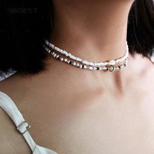 IngeSight.Z 2Pcs/Lot Bohemian Natural Shell Conch Choker Necklace Collar Statement White Seed Beed Clavicle Chain Women Jewelry