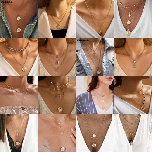 Docona Boho Portrait Coin Pendant Necklace for Women Colorful Water Drop Multilayer Alloy Necklace Female Party Jewelry Collar
