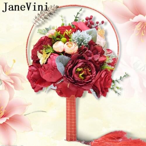 JaneVini Romantic Chinese Red/Pink Wedding Fan Bouquets Artificial Silk Roses with Metal Leaves Bridal Round Hand Fan Flowers
