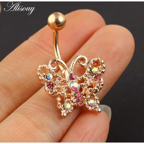 Alisouy 1pc OL butterfly Navel Belly Button Rings CZ Stone Piercing navel ring Surgical Steel beauty Belly nombril Body Jewelry
