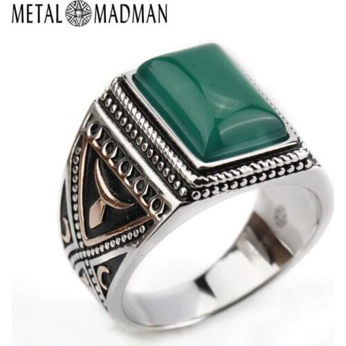 925 Sterling Silver Setting Rectangle Green Agate Geometric Stone Male Ring Punk Style for Men Finger Ring Turkish Jewelry Gift