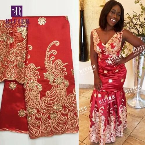 Red Color African George Lace Fabric 5+2 Yards With Net For Blouse Design Indian Gold Sequins George Silk Lace For Wedding Laces