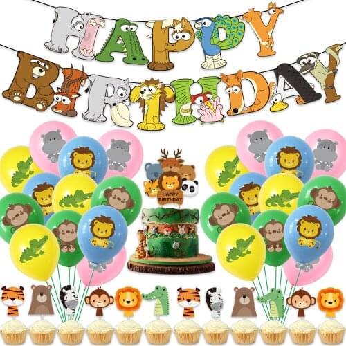 Zoo Animal Happy Birthday Banner Cupcake Toppers Latex Balloons Party Decorations for Kids Adults Birthday Party Shower