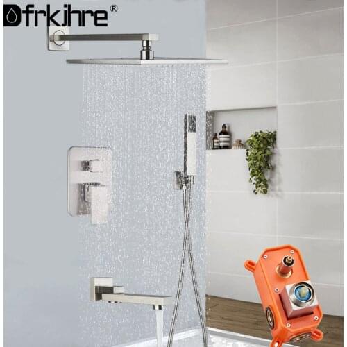 Rainfall Shower Faucet Set Wall Mount Brushed Nickel Concealed Bathroom Faucets System 16'' Head With Swivel Tub Spout Mixer Tap