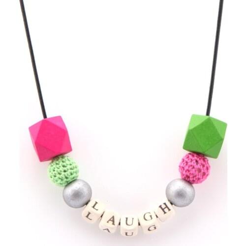 Unfinished Geometric Wood Spacer Letter Beads Necklace With Crochet Beads and Free 80cm Rope Chain As Women Christmas Jewelry