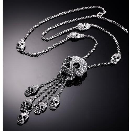 Tuliper Skeleton Tassel Pendant Necklace Austrian Crystal Rhinestone Long Chain Necklace Men Women Halloween Jewelry Accessories
