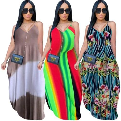 Adogirl Floral Striped Print Spaghetti Strap Maxi Dress Sleeveless V-neck Loose Long Dress Casual Bohemian Beach Dress Vestidos