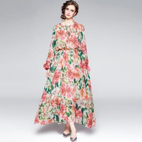 Holiday Floral Print Long Dresses New Womens Elastic Waist Chiffon Dress Ankle-Length Bow Summer Long Sleeve Dresses