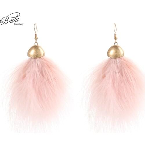 Badu Romantic Pink Ostrich Feather Earring Lovely Dangle Girls Fashion Jewelry Light Weight Feather Earrings Gift Girlfriend