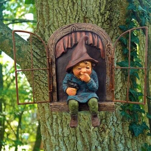 Garden Dwarf Statue Elves Go Out Tree Hug Garden Peekaboo Art Tree Sculpture Miniature Garden Decoration
