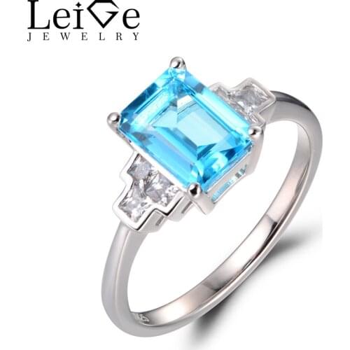 Leige Jewelry Wedding Rings Real Swiss Blue Topaz Rings 925 Sterling Silver Emerald Cut Gemstone November Birthstone