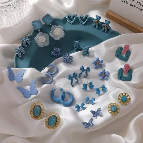 VSnow Summer Haze Blue Flower Geometrical Dangle Earrings for Women Vintage Party Gifts Bowknot Hollow Out Heart Earring Jewelry