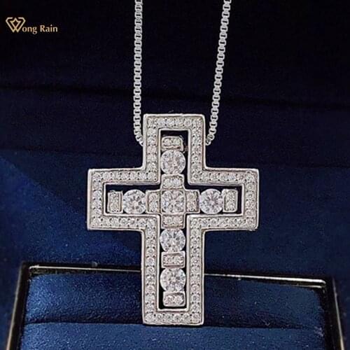 Wong Rain Creative 925 Sterling Silver Cross Created Moissanite Gemstone Anniversary Couple Pendant Necklace Fine Jewelry Gift