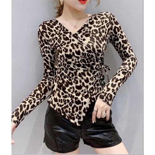 Woman Latin Dance T-shirt 2020 New Summer Long Sleeve Leopard Print V-neck Latin Tops Ballroom Dance Competition shirts clothes