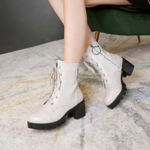 Ladies Spring Autumn Short Boots Fashion Square High Heel Round Toe Zipper Womens Shoes Winter Warm Cross Tied Knight Boots