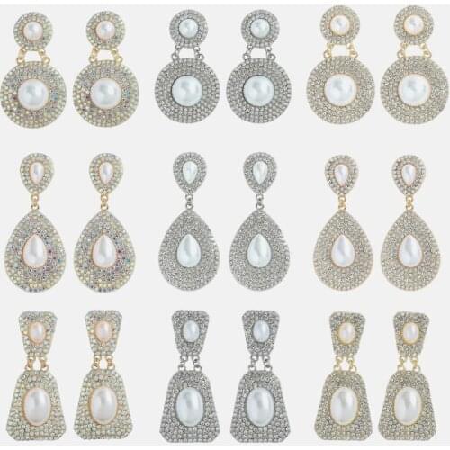 Miwens Unique Pearls Crystal Geometric Dangle Drop Earrings for Women Circle Square Hanging Statement Earrings Elegant Oval Gift