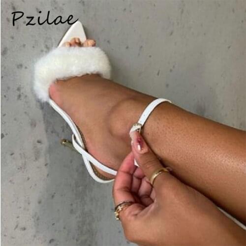 Pzilae Sexy 11cm Heels Summer Shoes Women Stiletto Sandalen Open Toe Fluff Metal High Heels Ankle Strap Feather Sandals Size 42