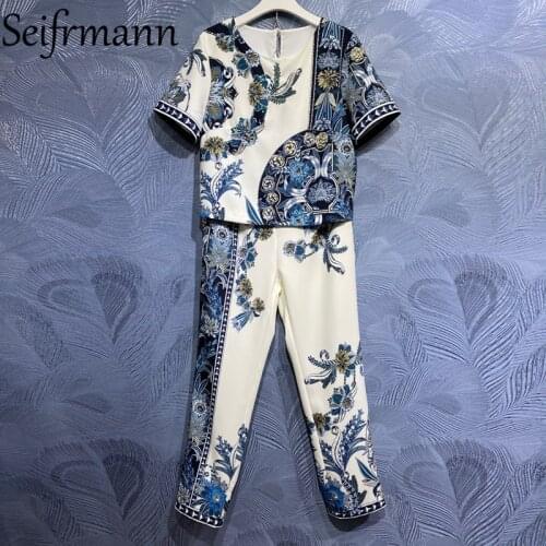 Seifrmann New 2021 Summer Women Fashion Runway Pants Set Short Sleeve Gorgeous Sequined Tops + High Waist Print Long Pants Suits