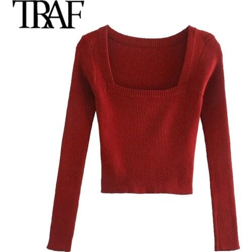 TRAF Women Fashion Stretch Slim Cropped Knitted Sweater Vintage Square Collar Long Sleeve Female Pullovers Chic Tops