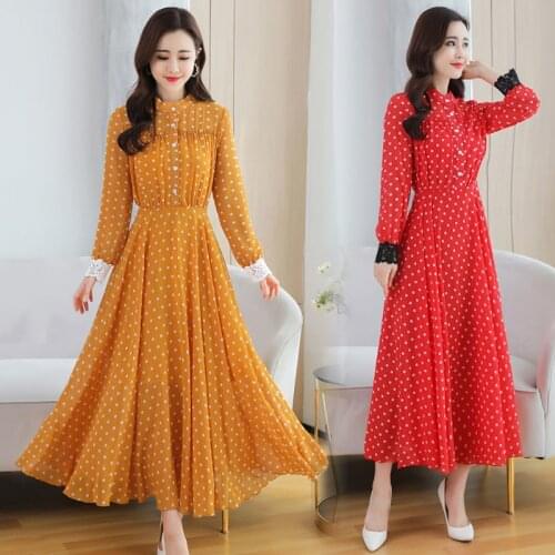 2021 Autumn Woman Print Long Sleeve Loose Casual Dress Female Office Dot Vintage Vestidos Lady Floral Long Sleeve Dress H127