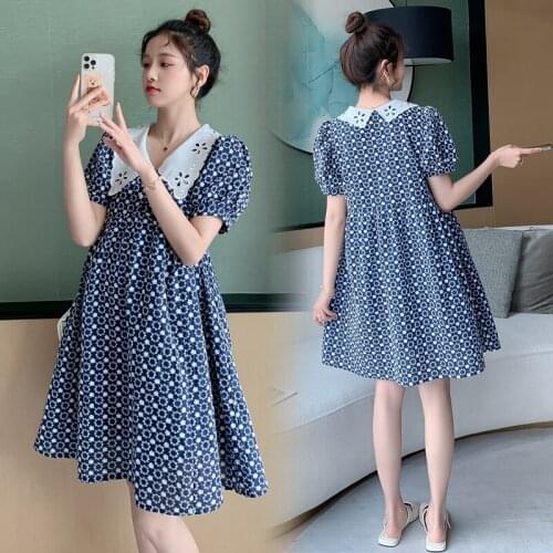 14316# Maternity Clothes Summer Short Sleeves Easy Matching Loose Embroidery Dress Pregnant Women Mom Dress