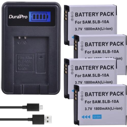 4pc 1800mAH SLB-10A SLB 10A SLB10A Camera Battery + LCD Charger for Samsung EX2F WB150F WB250F WB350F WB750 WB800F WB500 WB550
