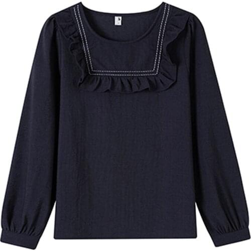 PERHAPS U Women Chic White Navy Blue O Neck Long Sleeve Shirt Blouse Ruffle Winter Autumn Lace B0736