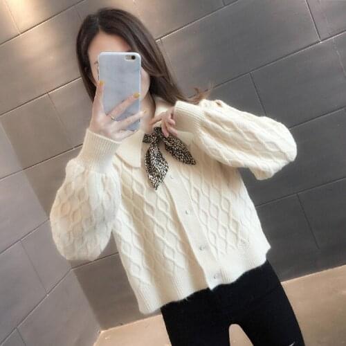 Baby collar knitted cardigan early spring and autumn 2021 new womens short bow sweater coat western style top