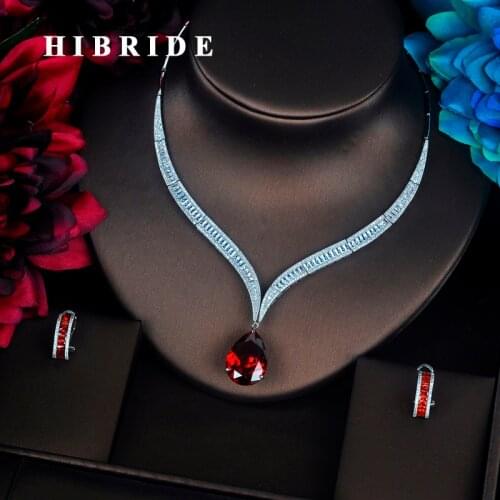 HIBRIDE Luxury Red Water Drop Cubic Zirconia Women Jewelry Sets Necklace Set Wedding Bride Dress Accessories Party Show N-372