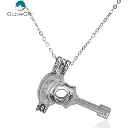 K8 Silver Hollow Key Diffuser Locket Necklace Women Aromatherapy Steel 16" Aroma Essential Oil Diffuser Locket