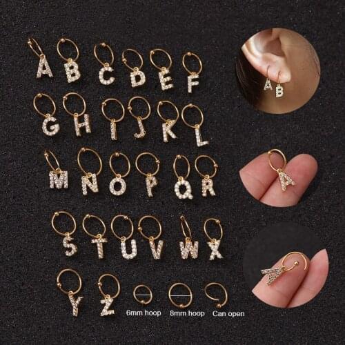 1 PCS Classic Gold Color Micro Pave CZ A-Z Alphabet Hoops Simple Small ABC Crystal Pendant Earrings Stainless Steel Ear Jewelry