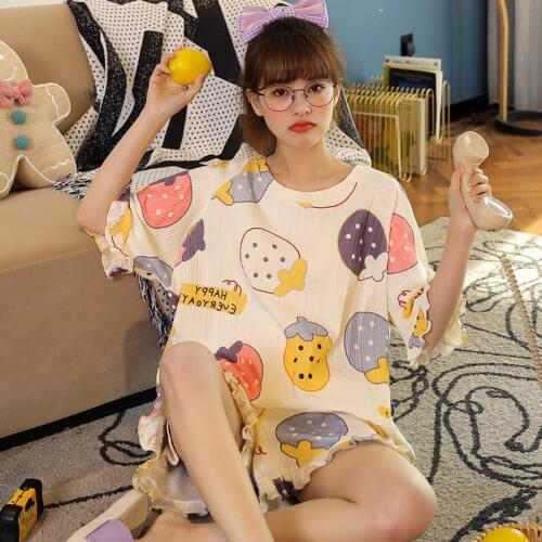 Summer Women Pajamas Set Cute Colorful Strawberry Print Pajamas Cotton Homewear Kawaii Frill Trim Femme Loose Outdoor Sleepwear