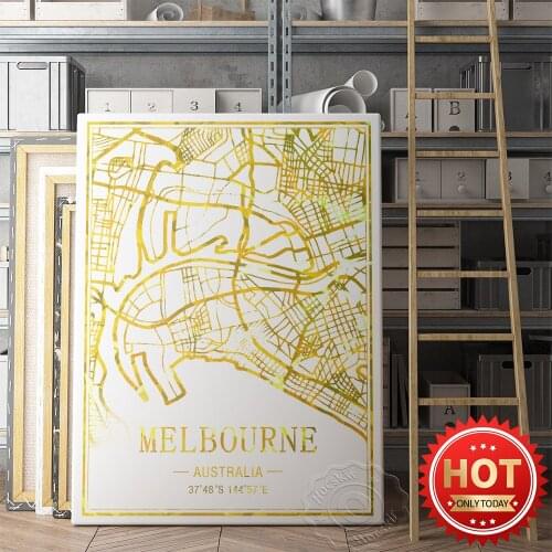 Melbourne Australia Art Map Poster, World Tavel City Melbourne Goid Line Map Prints, Bedroom Hallway Kids Room Map Decor Mural