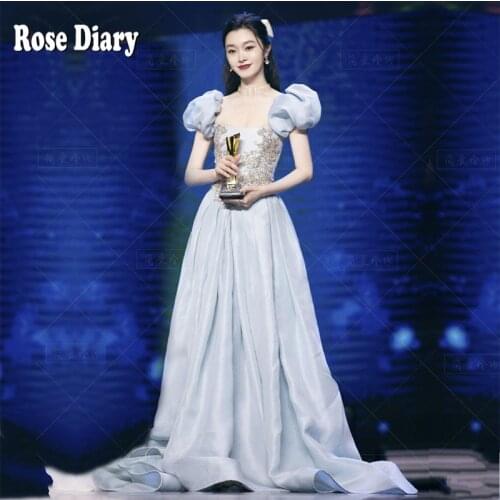 RoseDiary celebrity runway designer evening maxi dress sky blue embroideried puff sleeve wedding party quality dresses vestido