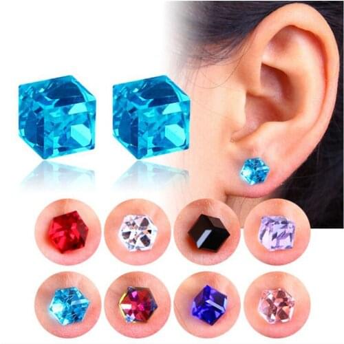 Fashion Girls Water Cube Style Magnet Color Crystal Pierced Earrings Strong Magnetic Iron Magnet Earrings for Women Accessories