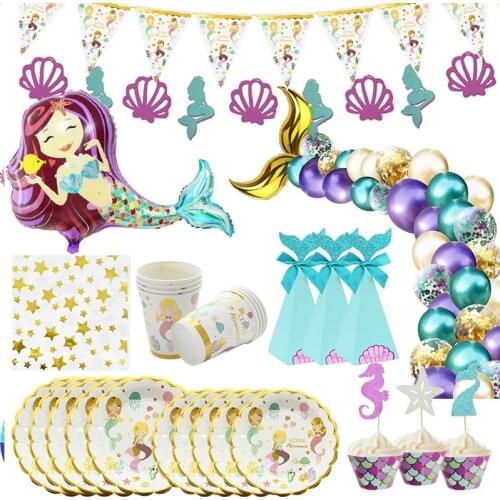 Baby 1st Happy Birthday Party Set Mermaids Party Tableware Paper Cups Plate Latex Balloons Baby Shower Party Decorations