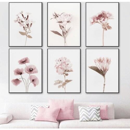 Nordic Pink Flowers Poster Botanica Rose Geranium Wall Art Canvas Painting for Living Room Home Wall Decor Pictures