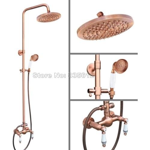 Bathroom Wall Mounted Antique Red Copper Dual Ceramic Handles Mixer Tap with Handheld Shower + Rain Shower Faucet Set Wrg556
