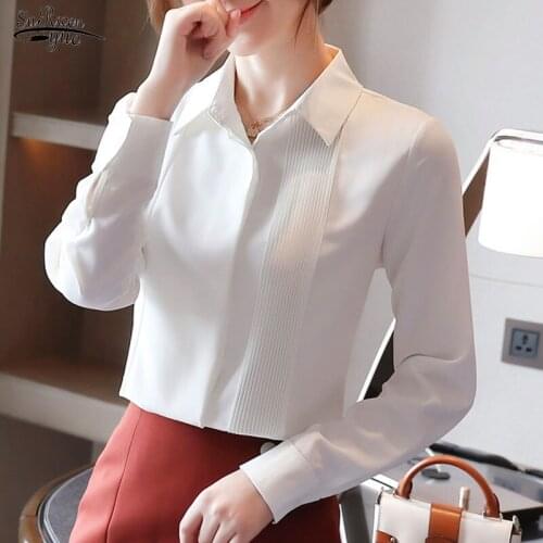 New Classic Chiffon Blouse Female Women Shirt Elegant White Loose Long Sleeve Shirts Lady Simple Style Tops Clothes Blusas 10857