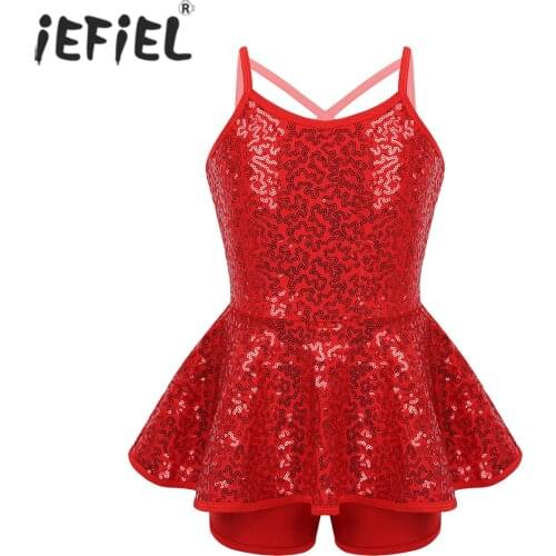 New Kids Girls Shiny Criss Cross Back Ballet Dance Costumes Shorty Unitard Dress Ballroom Contemporary Dance Wear Skating Dress