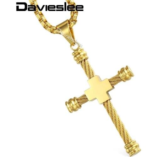 Davieslee Mens Box Link Rope Cross Pendant Necklace Stainless Steel Gold Silver Color LKPM142