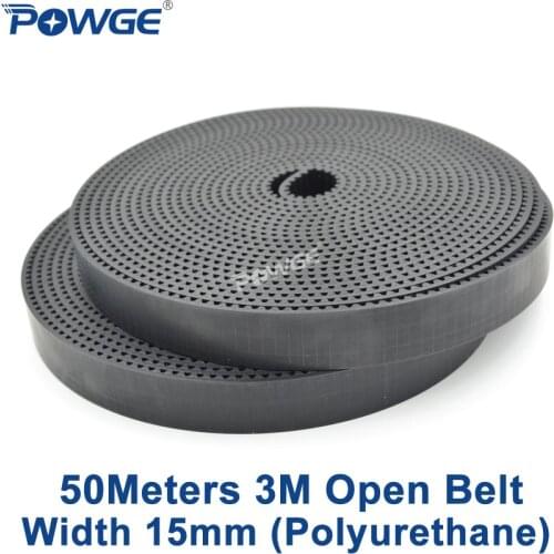 POWGE 50Meters HTD 3M open timing belt 3M-15mm Width 15mm Polyurethane steel PU Black HTD3M Synchronous Belt Laser CNC Engraving