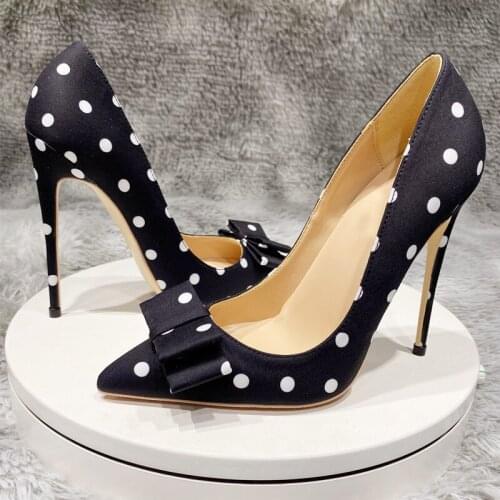 Bowknot 12cm black pumps white dot thin 10cm high heels spring pointed toe ladies shoes 8cm plus size 45 BM024 CHENSIR9